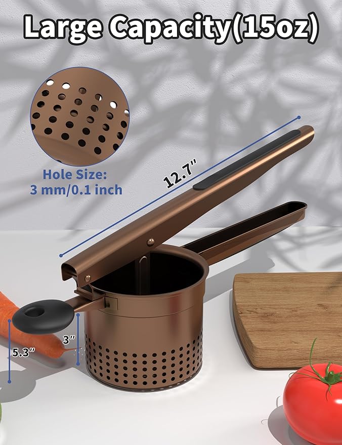 GloTika Large 15oz Potato Ricer, Heavy Duty Stainless Steel Ricer for Mashed Potatoes, Sweet Potato Masher Kitchen Tool with Ergonomic Handle, Press and Mash Kitchen Gadget, Bronze Color