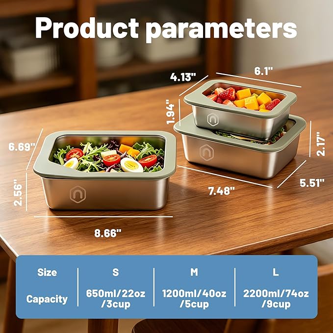 3PCS Stainless Steel Food Storage Containers with Glass Lids, 22/40/ 74oz Airtight Leak Proof Meal Prep Lunch Containers for Kitchen Storage, Microwave, Freezer, Dishwash Safe