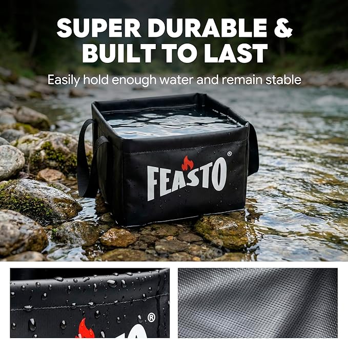 Feasto Collapsible Water Bucket for Grill Brush Cleaning & Soaking, Foldable Square Dunk Tank for Steam Grills, Multi-Use Indoor & Outdoor (Bucket Only, No Brush Included), Black