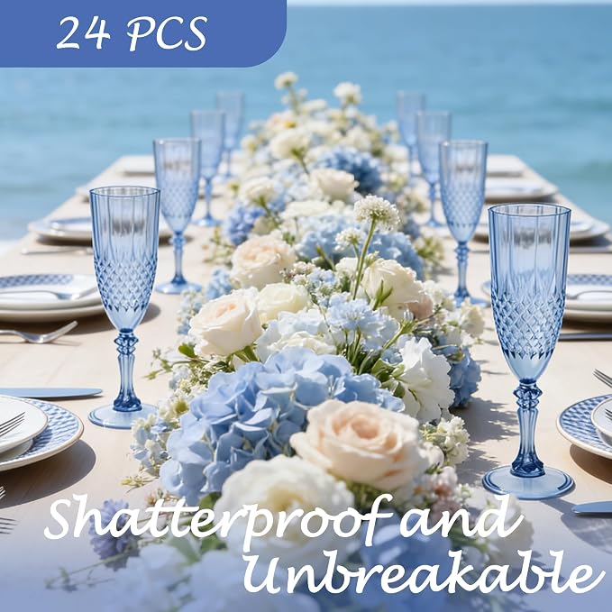Plastic Champagne Flutes, Champagne Glasses Bulk, Reusable Unbreakable Acrylic Wine Glasses Goblets for Weddings Bachelor Parties Toasting Bridal Shower (24, Blue)
