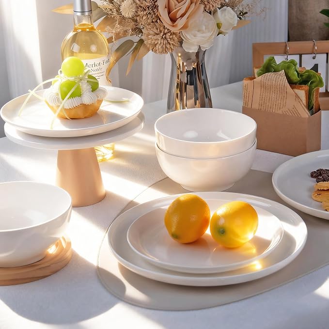 Anveena Dinnerware Set for 4, 12 Piece Plates and Bowls Set, White Porcelain Dish Set Microwave Safe Dishwasher Safe Chip Resistant for Everyday Dining