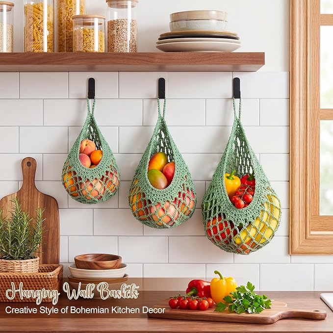 Honeydak Boho Decor Hanging Wall Baskets for Kitchen 3 Pack Teardrop Baskets with Hooks Storage Fruit Onion Vegetable Potato for Home 3 Sizes(Sage Green,Crochet,Cotton Rope)