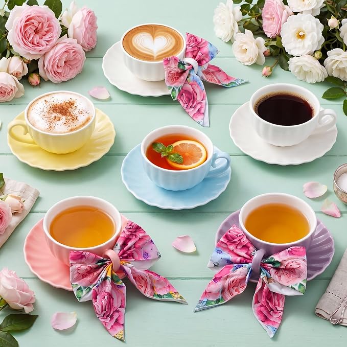 Set of 6 Tea Cups and Saucers Tea Party Decorations 5.4 oz British Cappuccino Cups with Saucers Floral Napkin Gift for Women Birthday Party Church Mother's Day