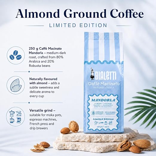 Bialetti Moka Express 3 Cup Light Blue & Almond Ground Coffee Gift Set – Stovetop Espresso Maker with 250g Caffe Macinato Mandorla, 80% Arabica 20% Robusta Medium Dark Roast, Made in Italy