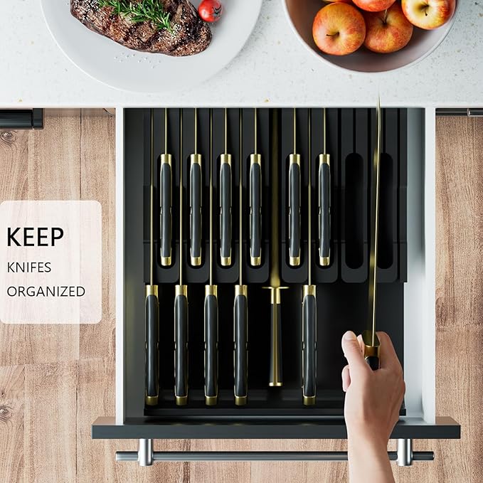 Domax Bamboo In-drawer Knife Block - Kitchen Knife Drawer Organizer Insert, Knife Holder without Knives Large, Drawer Knife Organizer Fits for 16 knives and 1 Sharpening Steel (Not Included), Black