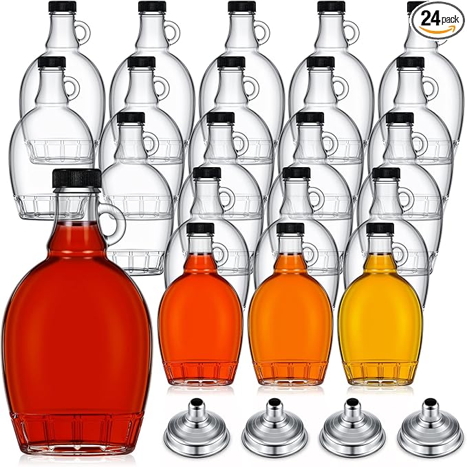 Hoolerry 24 Pack Glass Maple Syrup Bottles with Loop Handle and Lids, 8.45 oz Maple Syrup Containers, Clear Glass Containers for Liquids with 4 Stainless Steel Funnels