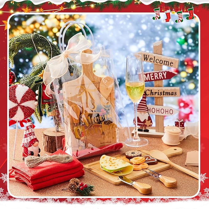 Acellegic 6 Sets Christmas Cheese Cutting Board Gift Set, Bamboo Charcuterie Board with Fork Spoon Knives Towels Bags Tags Ribbon Christmas Kitchen Gifts for Bridal Baby Shower Housewarming Party