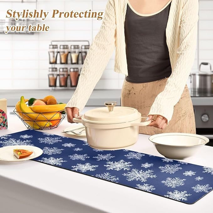 2 in 1 Table Runner Trivet for Hot Pots and Pans Heat Resistant Non Slip Waterproof 39 x 12 Inch Decorative Table Protector for Kitchen Countertop Navy Blue Snowflakes