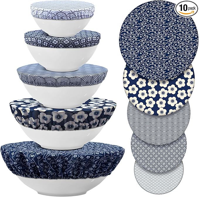 Patelai 10 Pcs Bowl Covers Reusable in 5 Size Stretch Cloth Fabric Elastic Food Storage Bowl Covers Bread Sourdough Lids for Proofing Food Fruits Leftover(Blue White,Geometric Style)