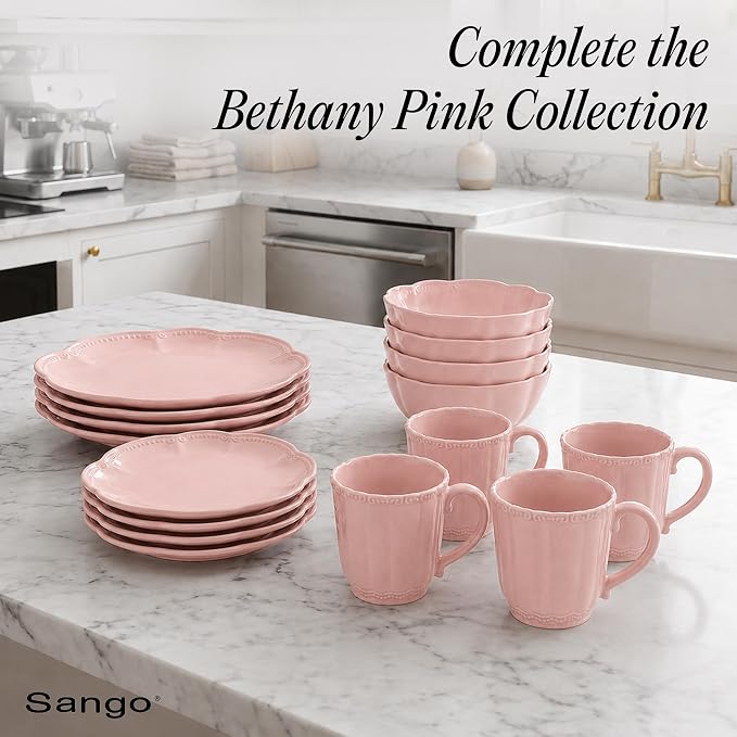 SANGO Bethany Pink Mugs Set of 4, 15 oz Stoneware Pink Coffee Mugs, Vibrant Ceramic Drinkware for Coffee, Tea or Cocoa, Durable Everyday Cups, Dishwasher & Microwave Safe, Kitchen Mug Set