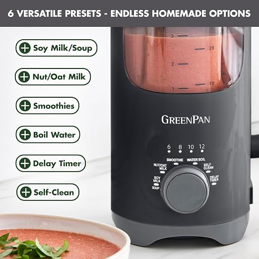 GreenPan 30oz Nut Milk Maker Machine, 15-in-1 for Homemade Almond, Oat, Soy, Coconut, Plant-Based Non-Dairy Beverages, Soups, BPA-Free Glass, Automatic Self-Clean, Delay Start, Gray