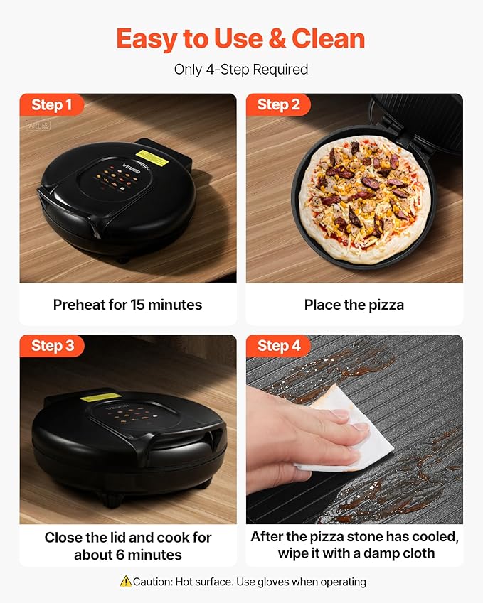 VEVOR Pizza Oven, 12 in Electric Pizza Maker, 1200W Electric Pizzas Cooker with Non-Stick Coating, 180° Open for Dual Side Baking, Heats up to 410 ˚F, Multi-Function Cooking, for Pizzas, Barbecue