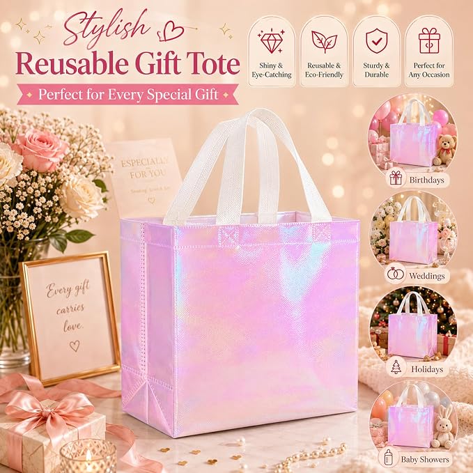 Eccliy Reusable Gift Bags Set Glossy Grocery Gift Tote Bag with Handle for Wedding, Bridal Shower, 4th of July, Summer Event(12 x 11 x 4.7 I Inch,Holographic Pink,60 Pcs)
