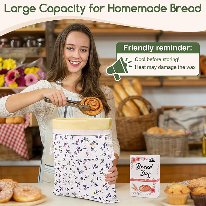 Beeswax Bread Bags for Sourdough, 2 Pack Reusable Bread Bag for Storage XL 17x13 Inch, Large Canvas Lined Bags for Homemade Sourdough - Keep Fresh, Freezer Safe