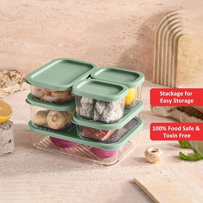 EATEX Grooved Base Glass Meal Prep Containers, 6 Pack Glass Storage Containers with Lids for Meal Prep & Lunch, Microwave Oven Freezer Dishwasher Safe, Anti Moisture Non-Stick Design - Sage Green