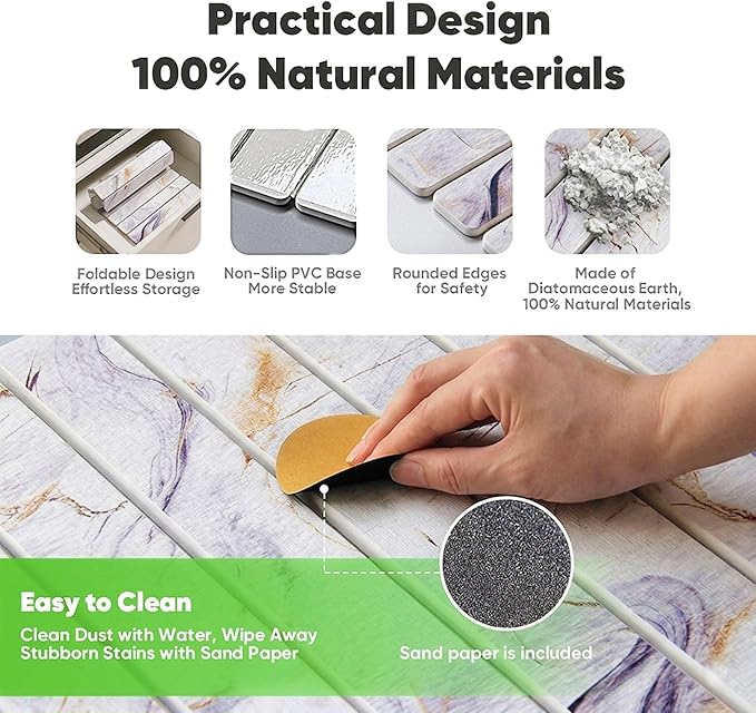 Stone Drying Mat for Kitchen Counter, Quick Diatomaceous Earth Mats for Dishes, 23.6"L x 15.7" W Super Absorbent Fast-Drying Collapsible Countertop Stone Mat (Marble White-05, 24" x 16")
