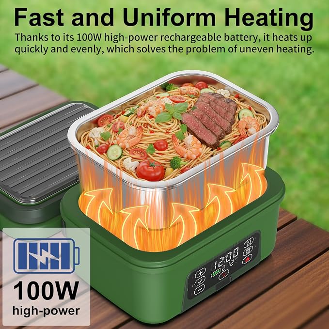 Cordless Electric Heated Lunch Box, 1.5L - 6.3 Cups 100W Rechargeable Smart Self-Heating Food Warmer with Removable Divider, Spoon, Fork, BPA Free, Portable Lunchbox for Car Travel Office Deep Green