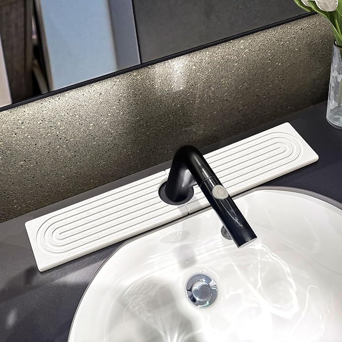 Faucet Mat For Kitchen Sink, 15.7" Diatomite Kitchen Sink Splash Guard, Super Absorbent, Sink Faucet Mat Splash Guard, Faucet Sink Splash Guard For Bathroom Counter (White)
