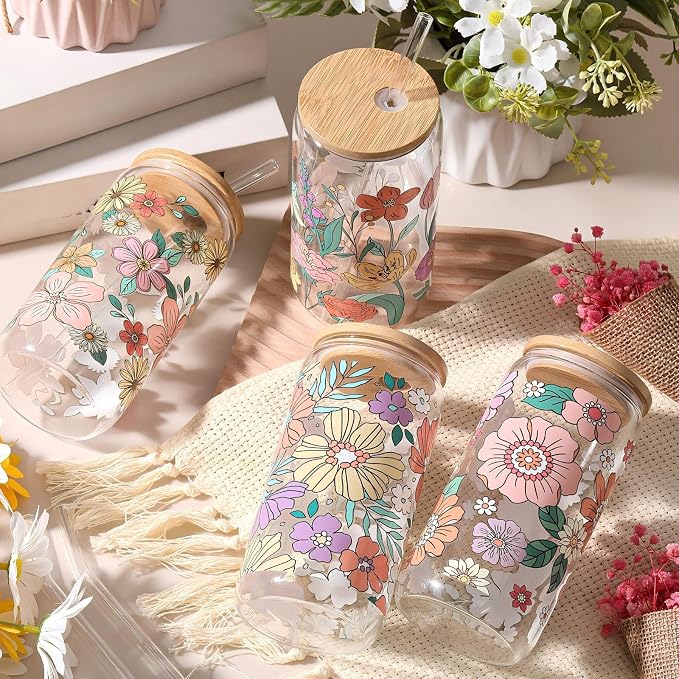 Mumufy 4 Pack Wildflower Glass Cups Gift Aesthetic Cute Glass Cup Tumbler Flower Iced Coffee Mugs 16 oz with Bamboo Lid & Straw, for Wedding Birthday Bridesmaid Mom Baby Shower