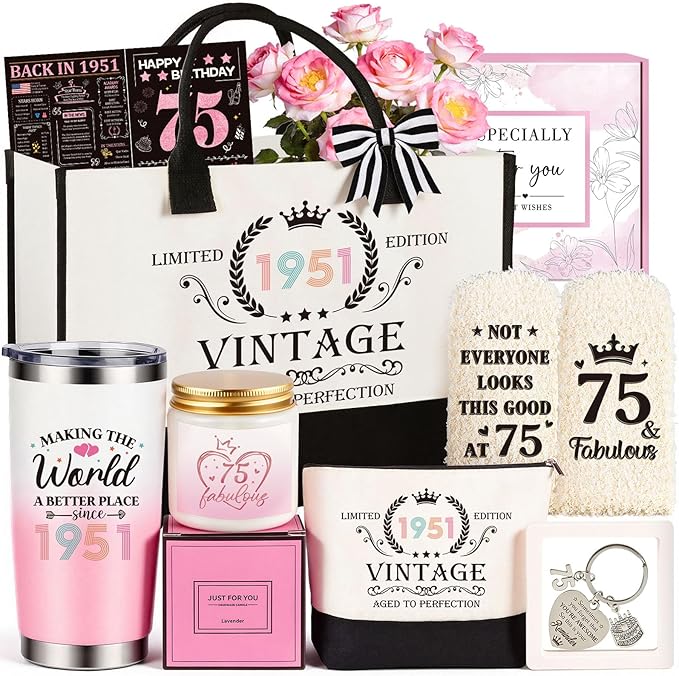 75th Birthday Gifts for Women, Vintage 1951 Happy 75th Birthday Gifts Basket for Women Unique Gift Ideas for 75 Year Old Female, Mom, Wife, Grandma, Thoughtful Birthday Gift Turning 75 Year Old
