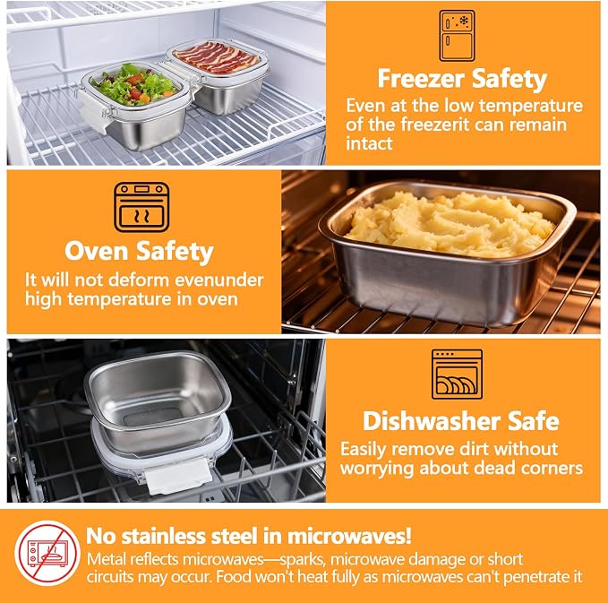 5 Pack Food-Grade 304 Stainless Steel Reusable Snack Containers with Lids - 8.45 oz Small Metal Meal Prep Boxes, Shatterproof Leakproof Freezer Safe for Portioning Snacks & Dips