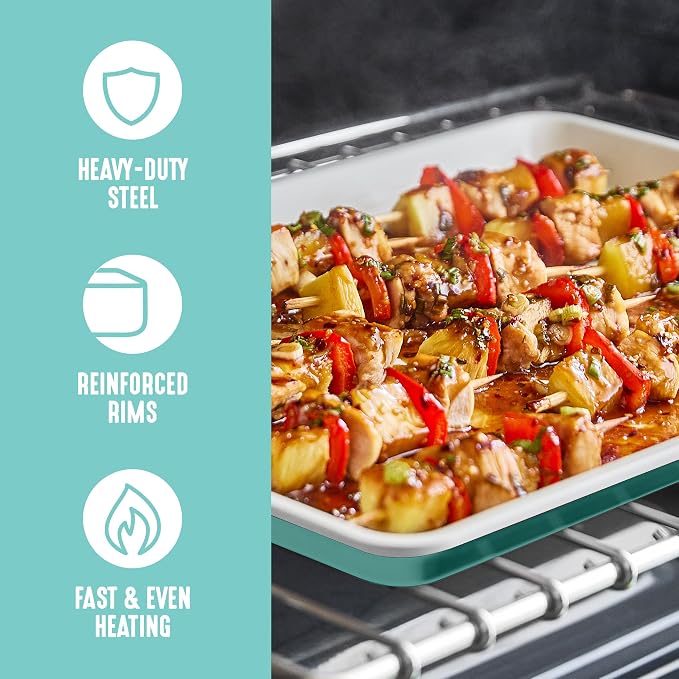 GreenLife 13" x 9" Quarter Sheet Baking Pans, 2 Piece Bakeware Set, PFAS-Free Ceramic Nonstick Rectangular Cookie Trays, Oven Safe to 450°F, Even Heating, Easy Clean Ovenware, Turquoise (Pack of 6)