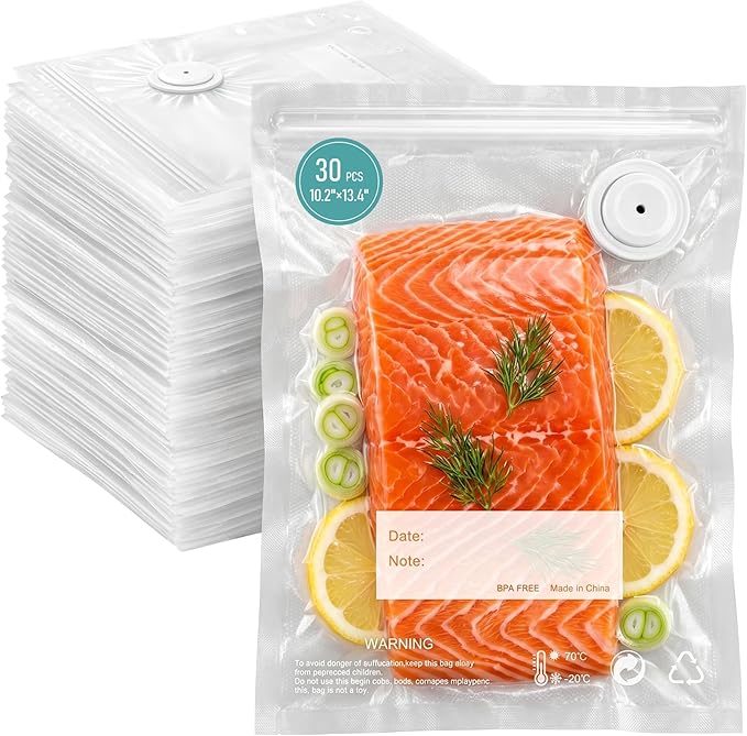 Reusable Vacuum Seal Bags for Food, 30 Pack Large BPA-Free Storage Bags, Leak Proof, Odor Resistant, Freezer & Microwave Safe, Heavy Duty Bags for Meat, Fruits & Dry Goods, 10.24 x 13.39 IN