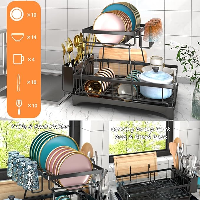 Godboat Sponge Holder for Kitchen Sink, Dish Drying Rack with Auto-Drain, Dish Racks for Kitchen Counter, Glass Rack for 4 Cups, 360° Swivel Spout, Kitchen Sink Organizer with Brush Holder