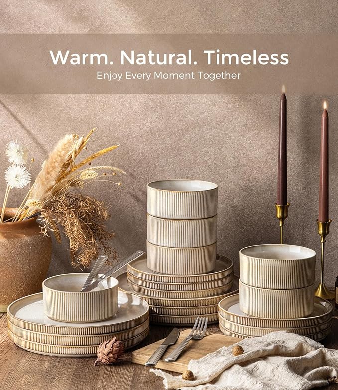 GBHOME 18-Piece Stoneware Dinnerware Set for 6 – Ribbed Ceramic Plates and Bowls, Scratch-Resistant, Microwave & Dishwasher Safe, Reactive Glaze, Cappuccino