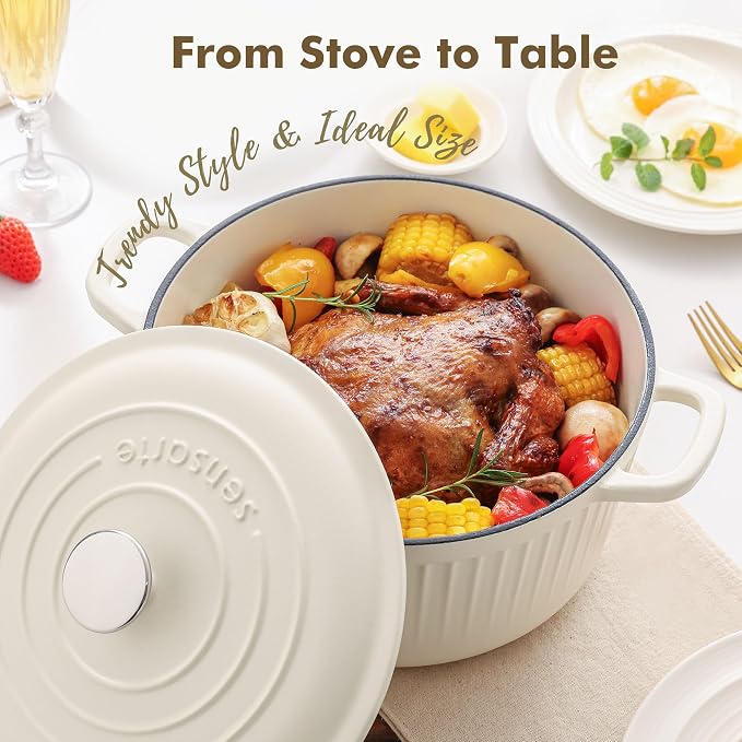 SENSARTE Enameled Cast Iron Dutch Oven Pot with Lid 3.5/5.5/6.5 Quart Heavy-Duty Round Dual Handles Kitchen Pot with Cotton Potholders & Silicone Trivet, Pot for Bread Baking, Stews, Braising, Roasting, Oven Safe, 5.5 Quart, White