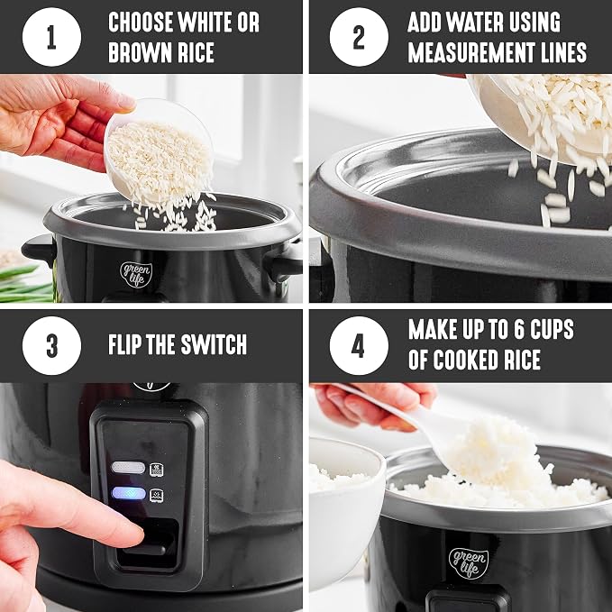 GreenLife Rice Cooker with Removable PFAS-Free Ceramic Nonstick Pot, 3-Cups Uncooked/6-Cups Cooked, Grains & Oatmeal Multicooker, Compact One-Switch Design, Auto Keep Warm, Easy Clean, Black
