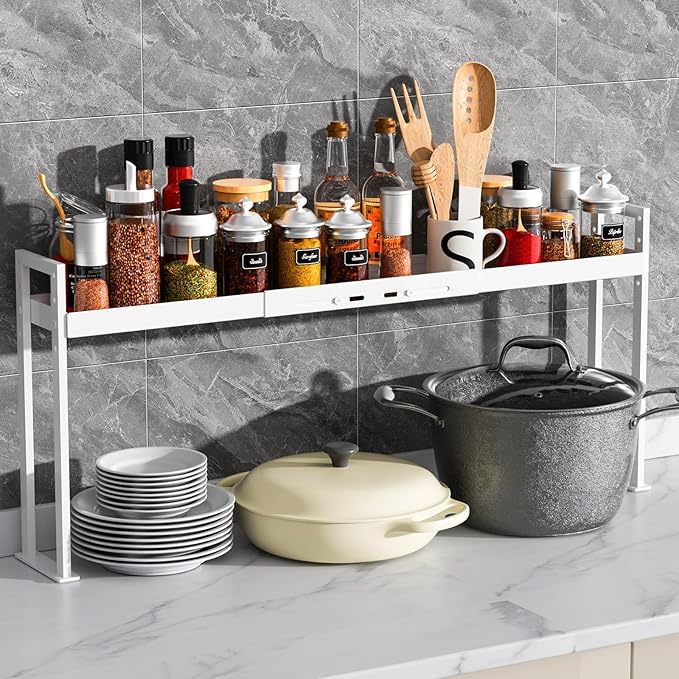BOIVSHI Stove Top Shelf, Stove Rack Shelf for Back of Stove, Over the Stove Spice Rack,Over Stove Spice Rack Adjustable 27-33 inch for Kitchen Stove, Oven, Sink Spice Organizer, White
