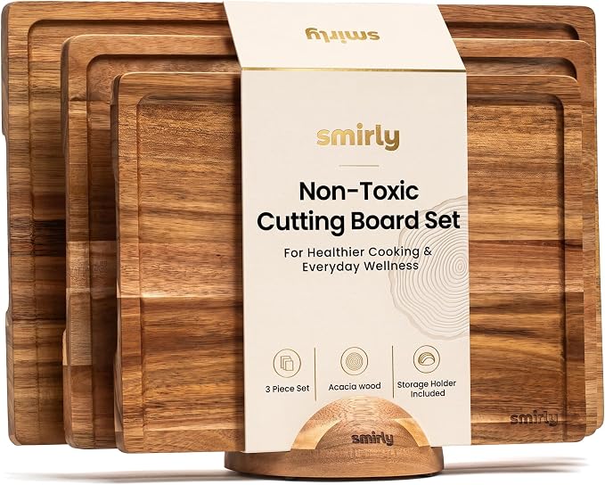 SMIRLY Walnut Cutting Board for Kitchen - Wood Cutting Boards with Handle and Juice Groove for Meal Prep, Serving, Charcuterie - Kitchen Gadgets - Non Toxic Wooden Chopping Board Set of 3 with Holder