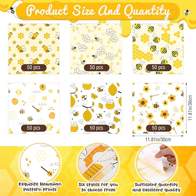 Reallnaive 300 Pcs Honey Bee Wax Paper Sheets 12 x 12 Inch Yellow Honeycomb Parchment Deli Tissue Paper Sandwich Wrapping Sheets Food Basket Liners for Kitchen Restaurant Baking Supplies, 6 Styles