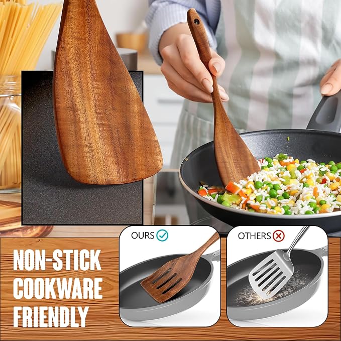 Wooden Spoons for Cooking, 11 PCS Teak Wood Utensil Set with Holder – Heat Resistant, Nonstick Safe, Smooth Finish, Lightweight & Durable Kitchen Tools