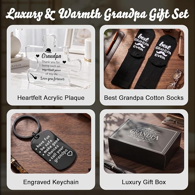 Sieral 6 Pcs Grandpa Gifts for Fathers Day, Best Grandpa Ever Gifts Set from Grandson Granddaughter - Bathrobe, 12oz Tumbler, Socks, Acrylic Plaque, Keychain, Candle and Gift Box for Father's Day