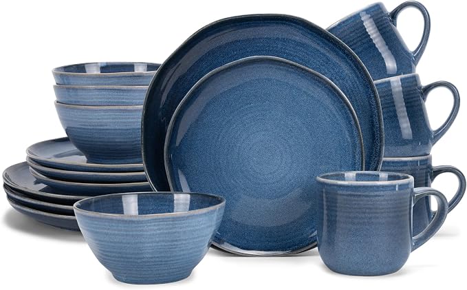 Elanze Designs Reactive Glaze Farmhouse Rustic Boho Ceramic Stoneware Dinnerware 16 Piece Plate Bowl Mug Dish Set - Service for 4, Cobalt Blue