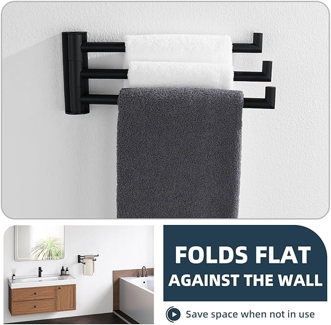 Aomasi Matte Black Swivel Towel Bar, 304 Stainless Steel Rotating Towel Rack with 3 Arms, Space Saving Wall Mounted Hanger for Bathroom, Kitchen, RV, Laundry Room