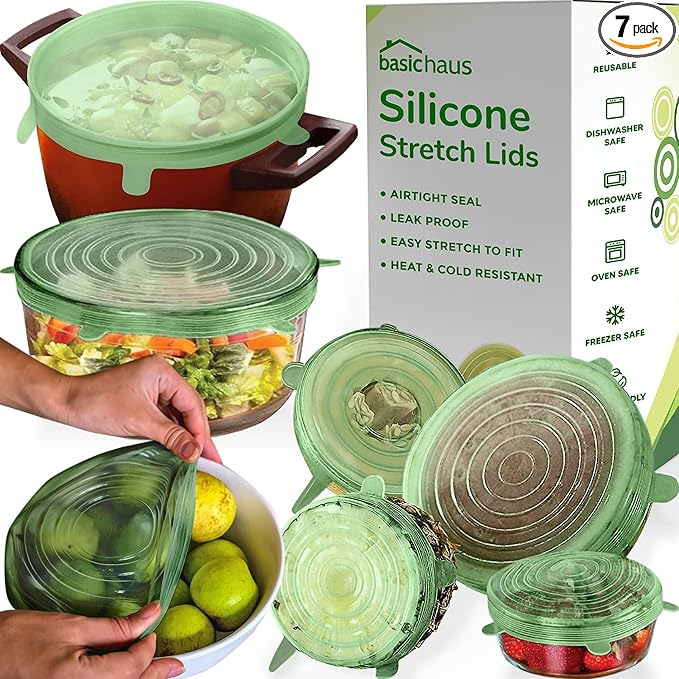 Reusable Silicone Stretch Lids for Food Storage in Fridge - Elastic Heat-Resistant Bowl Covers, Cups, Cans, Jars - Universal Food Grade Lid for Containers - 7 Pack - Light Green Stretchy Lid Set