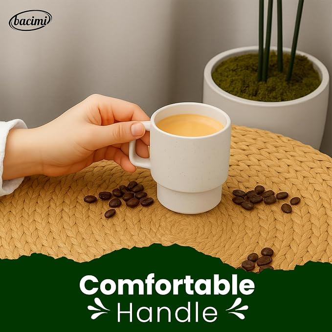 Bacimi® - Stackable Coffee Mugs Set of 4 with Metal Rack - Stoneware Mugs 13.5oz Coffee Mug Stand - Ceramic Coffee Cups for Latte, Cappuccino & Hot Beverages - Eggshell White