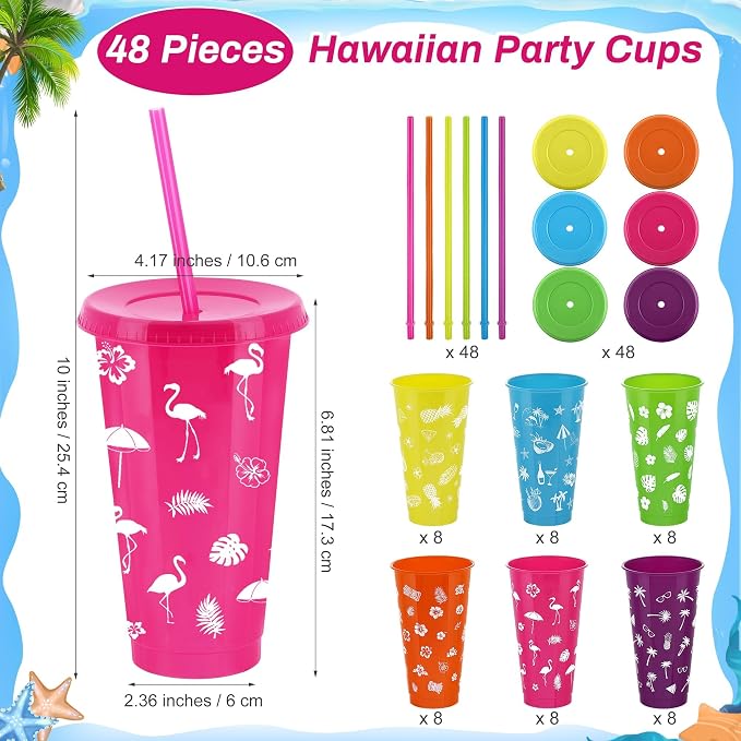 Kochorie 48 Pieces 24 oz Hawaiian Party Cups Luau Tumbler Cups with Straw and Lid 6 Design Reusable Plastic Travel Mug Cup for Hawaiia Party Favors, Luau Party, Tiki Party