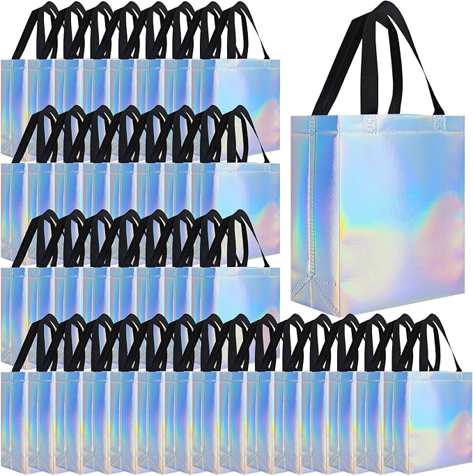 Eccliy Reusable Gift Bags Set Glossy Grocery Gift Tote Bag with Handle for Wedding, Bridal Shower, 4th of July, Summer Event(10 x 8 x 4.7 Inch,Rainbow,80 Pcs)