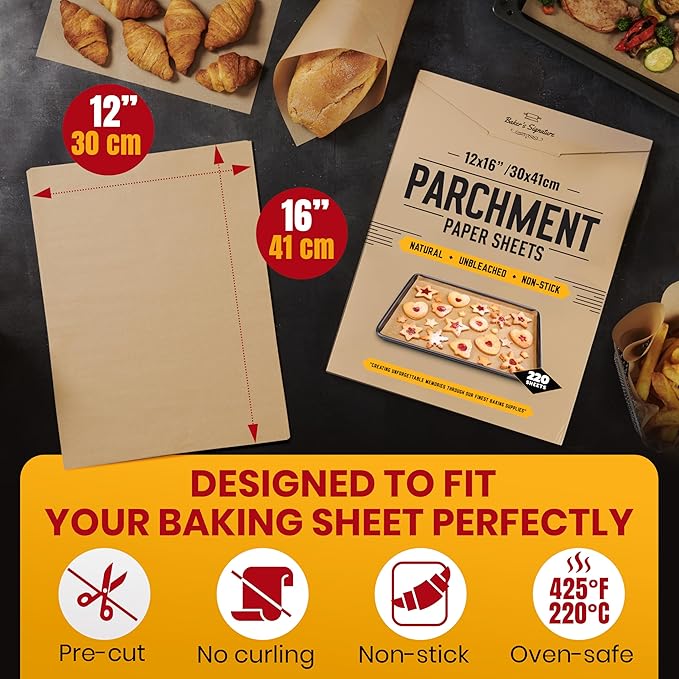 Precut Unbleached Parchment Paper Sheets 12x16 Inches, 220 Pcs by Baker's Signature – Non-Stick Half Sheet Liner – Greaseproof, Will Not Curl or Burn, Non-Toxic up to 450°F