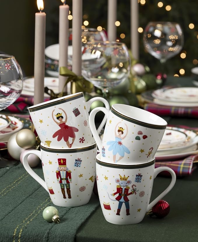 Lenox Coffee Mugs, Set Of 4 Nutcracker Ballet 13 Oz Coffee Mugs, Porcelain Material with Gold Accents, Dishwasher and Microwave Safe, Assorted Nutcracker Design, Christmas Decorations (13 Oz, 4 Piece)