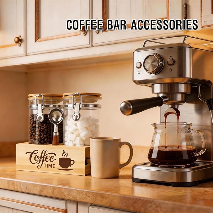 Glass Coffee Canister Set with Shelf & Spoon 2 Piece Coffee Containers for Coffee Bean Storage Airtight Seal, Coffee Bar Accessories Filter Holder for Kitchen Organization