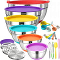 Umite Chef Thickened Heavy-Duty 26pcs Stainless Steel Bowl, Mixing Bowl Set with Lid, Grater Attachment, Colorful Non-Slip Bottom and Kitchen Gadget Set, Sizes 7, 4, 2.5, 2.0, 1.5, 1QT