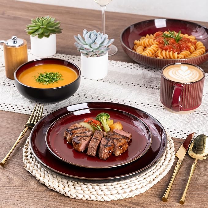 GBHOME Dinnerware Sets for 4, 12 Pieces Stoneware Plates and Bowls Sets, Scratch Resistant Ceramic Dishes, Dishwasher & Microwave Safe, Reactive Glaze-Burgundy