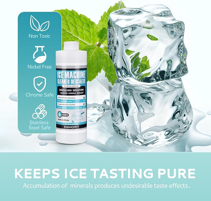 EUHOMY Countertop Ice Maker Machine with Handle, 26lbs in 24Hrs, 9 Ice Cubes Ready in 6 Mins with 16 Fl OZ Ice Machine Cleaner Descaler (4 Uses Per Bottle)
