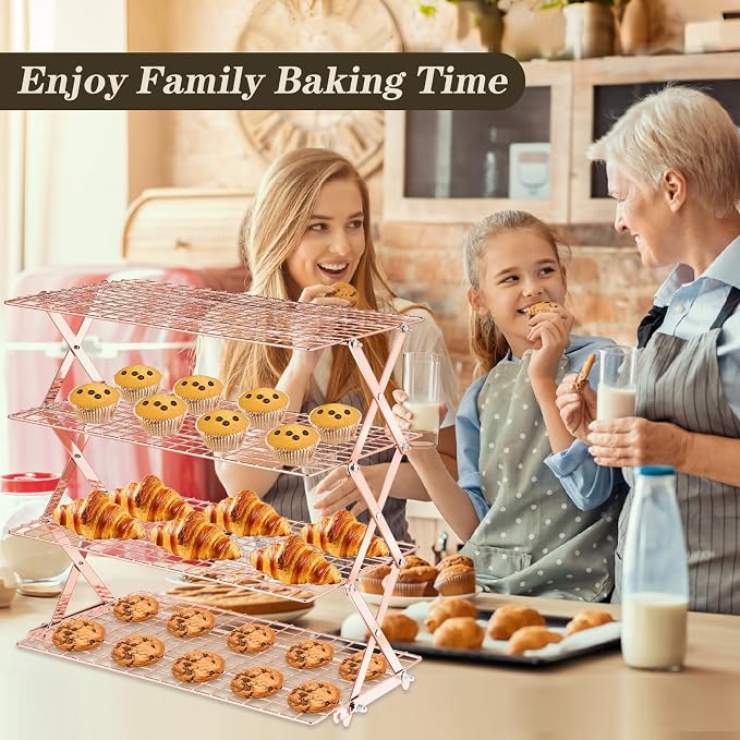 Pleafind 4 Tier Rose Gold Collapsible Cooling Rack - 3 Setting Design, Adjustable ＆ Stackable Baking Rack, 5 Modes Cooling Racks for Cooking and Baking, Roasting ＆ Grilling Gifts for Picnic Party