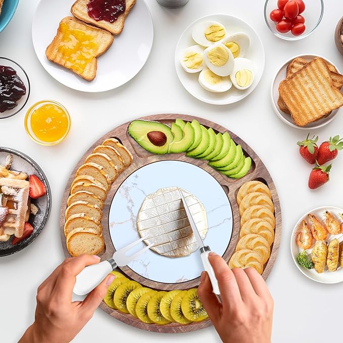 13.5" Round Acacia Wood Cheese & Charcuterie Board Set with Slate Chiller, Hidden Drawer & 420 Stainless Steel Knives/Forks - Ideal Wedding, Housewarming, Birthday Gifts